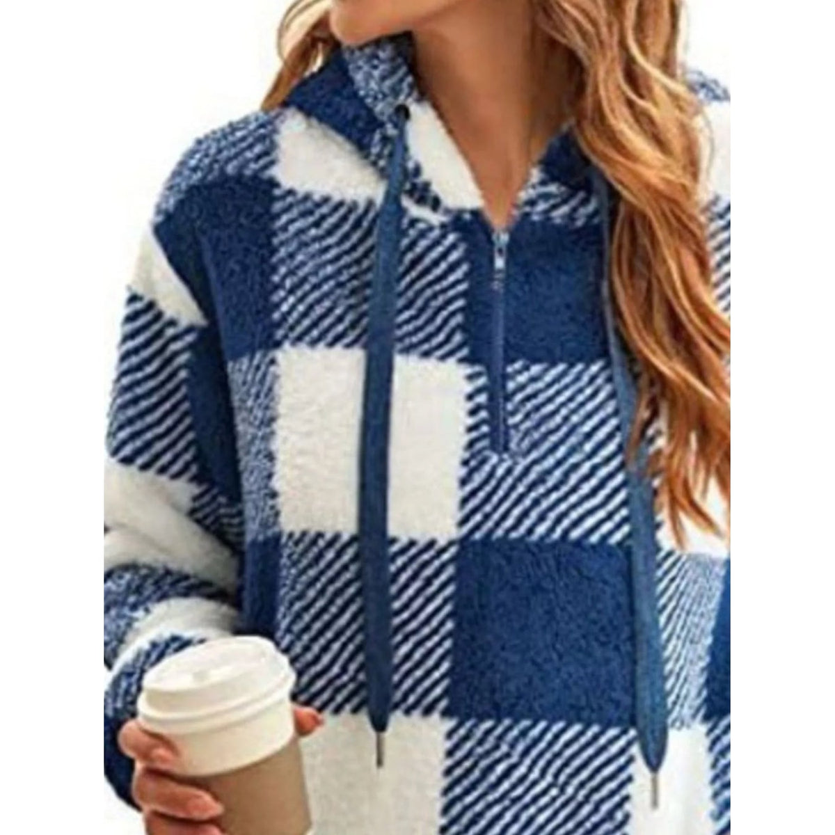 Women's Sherpa Fleece Half Zip Hoodie with Plaid Pattern and Kangaroo Pocket - Image 3