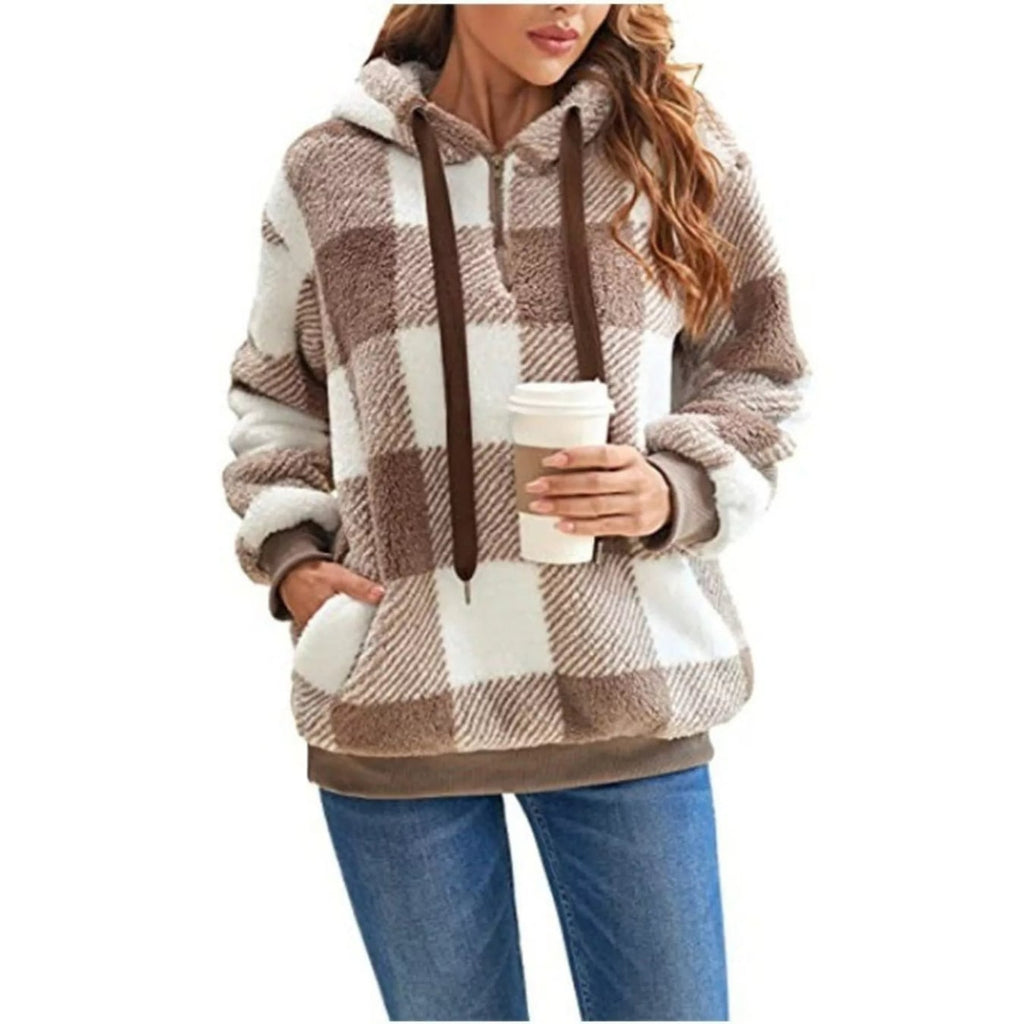 Women's Sherpa Fleece Half Zip Hoodie with Plaid Pattern and Kangaroo Pocket - Image 4