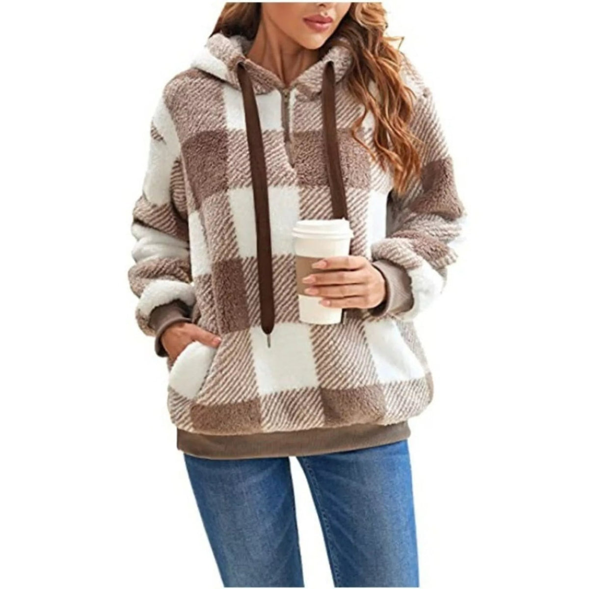 Women's Sherpa Fleece Half Zip Hoodie with Plaid Pattern and Kangaroo Pocket - Image 4
