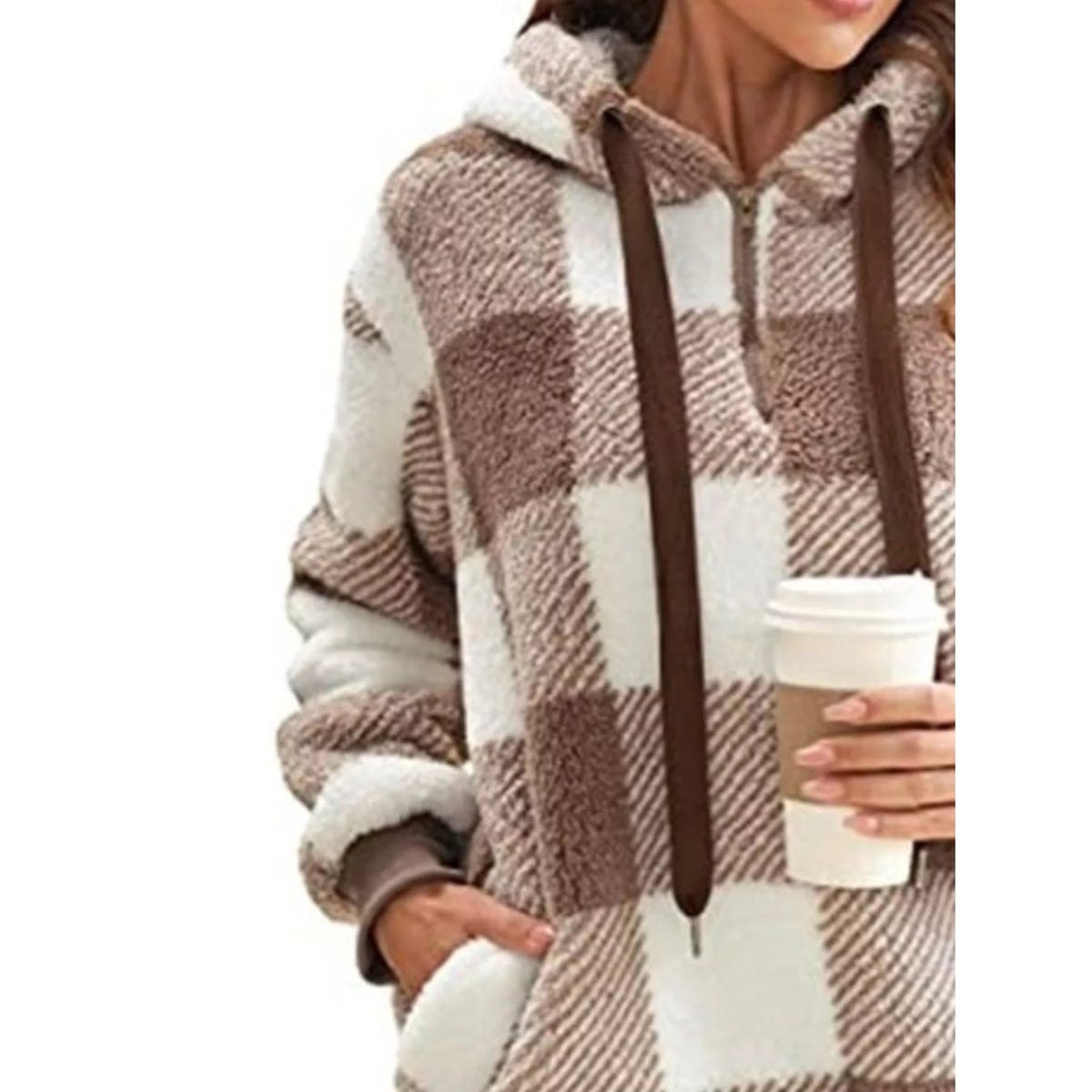 Women's Sherpa Fleece Half Zip Hoodie with Plaid Pattern and Kangaroo Pocket - Image 5