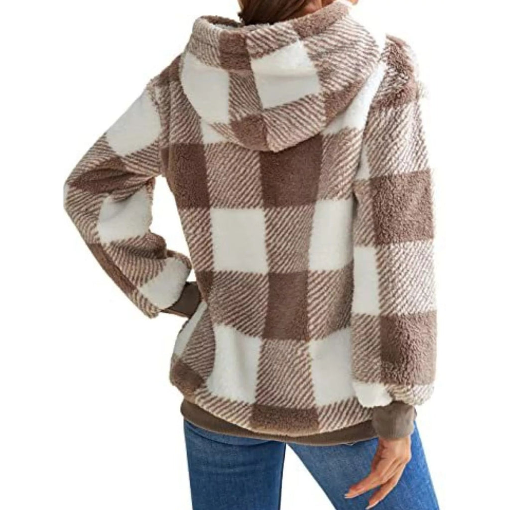 Women's Sherpa Fleece Half Zip Hoodie with Plaid Pattern and Kangaroo Pocket - Image 6