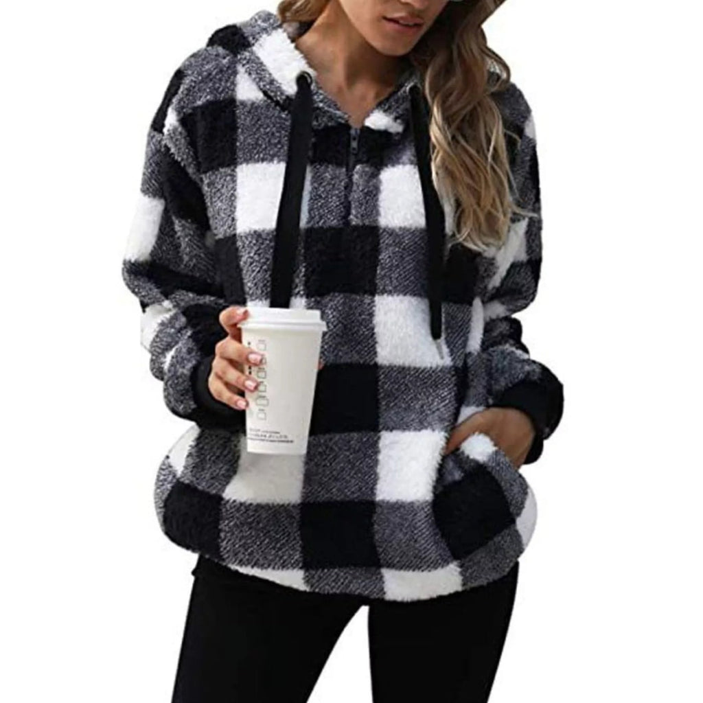 Women's Sherpa Fleece Half Zip Hoodie with Plaid Pattern and Kangaroo Pocket - Image 7