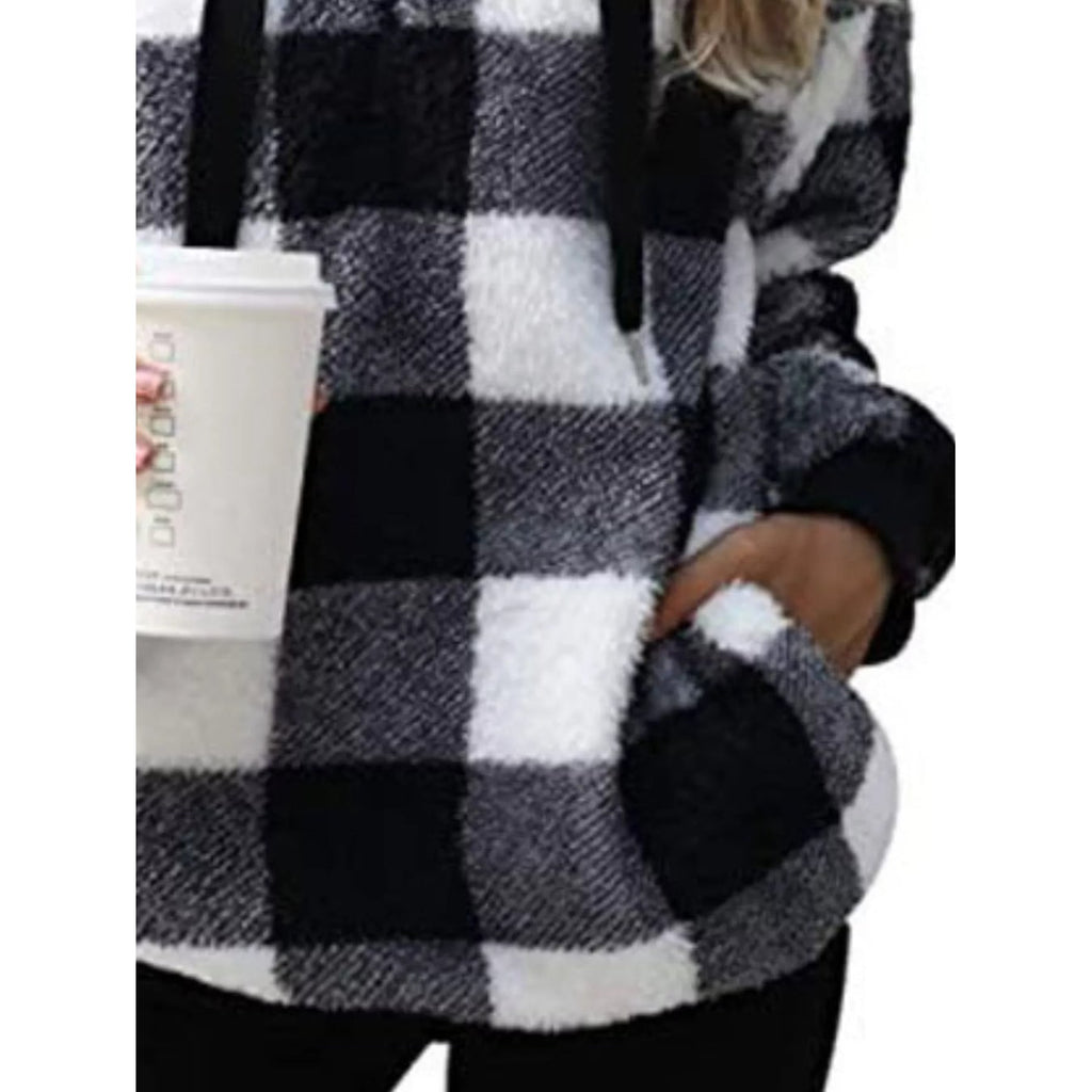 Women's Sherpa Fleece Half Zip Hoodie with Plaid Pattern and Kangaroo Pocket - Image 8