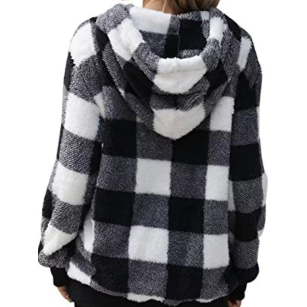 Women's Sherpa Fleece Half Zip Hoodie with Plaid Pattern and Kangaroo Pocket - Image 9