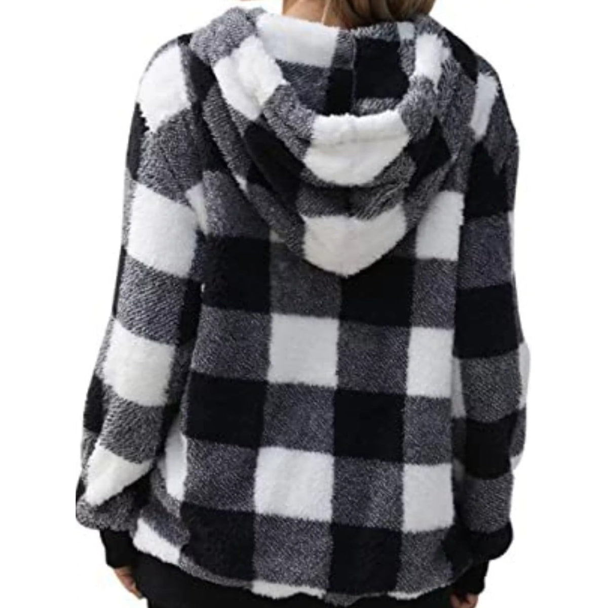 Women's Sherpa Fleece Half Zip Hoodie with Plaid Pattern and Kangaroo Pocket - Image 9