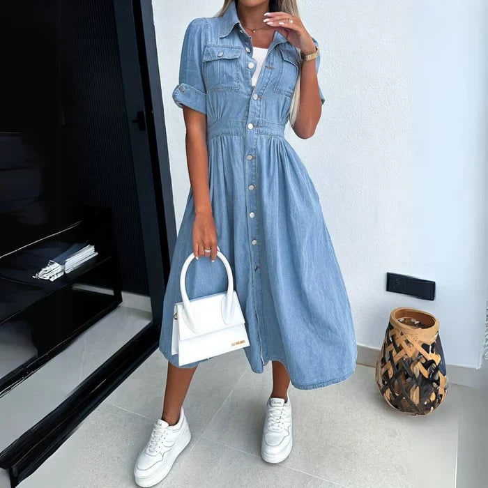 Women's Shirt Dress A-Line Midi | Button Front Pockets - Image 1