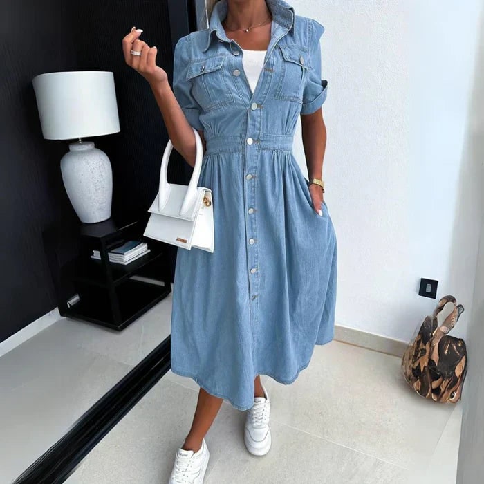Women's Shirt Dress A-Line Midi | Button Front Pockets - Image 4