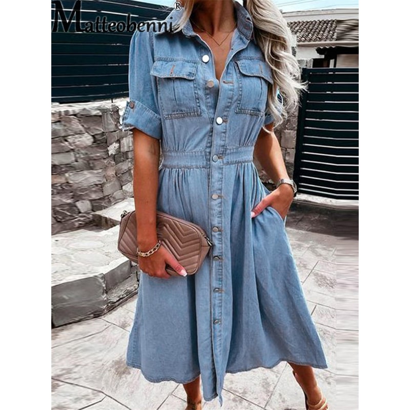 Women's Shirt Dress Midi Button-Down Casual | Chest Pockets - Image 1