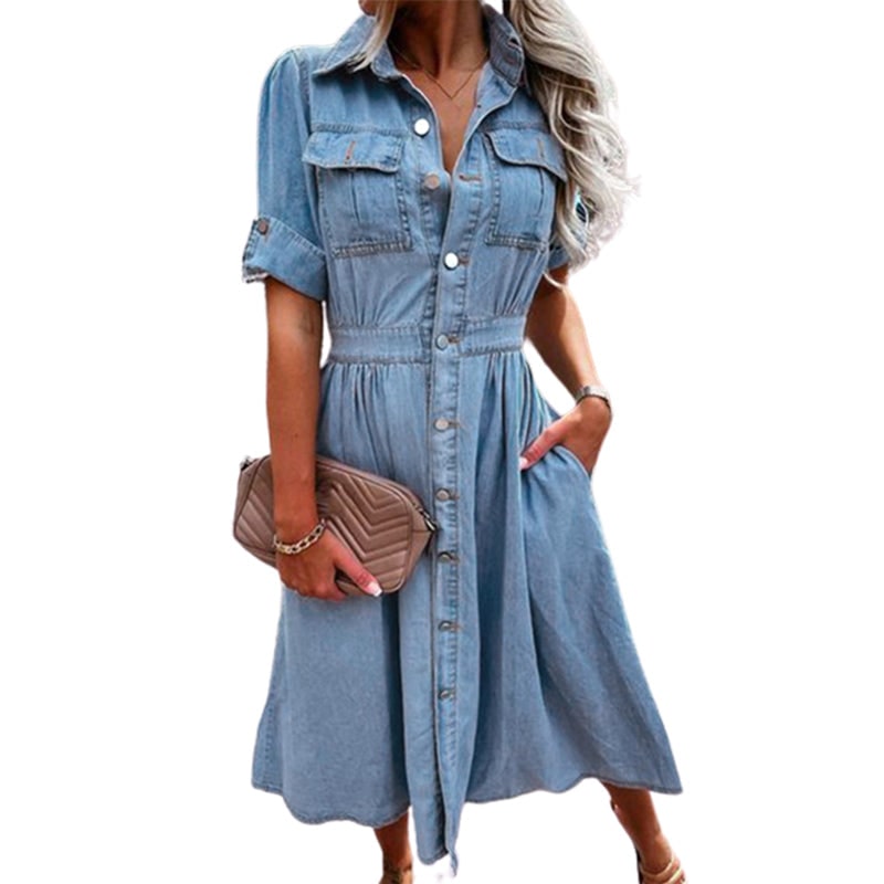 Women's Shirt Dress Midi Button-Down Casual | Chest Pockets - Image 2