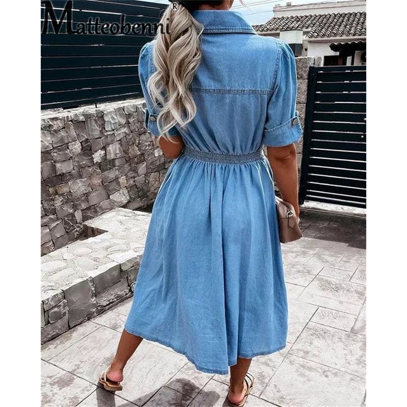 Women's Shirt Dress Midi Button-Down Casual | Chest Pockets - Image 3