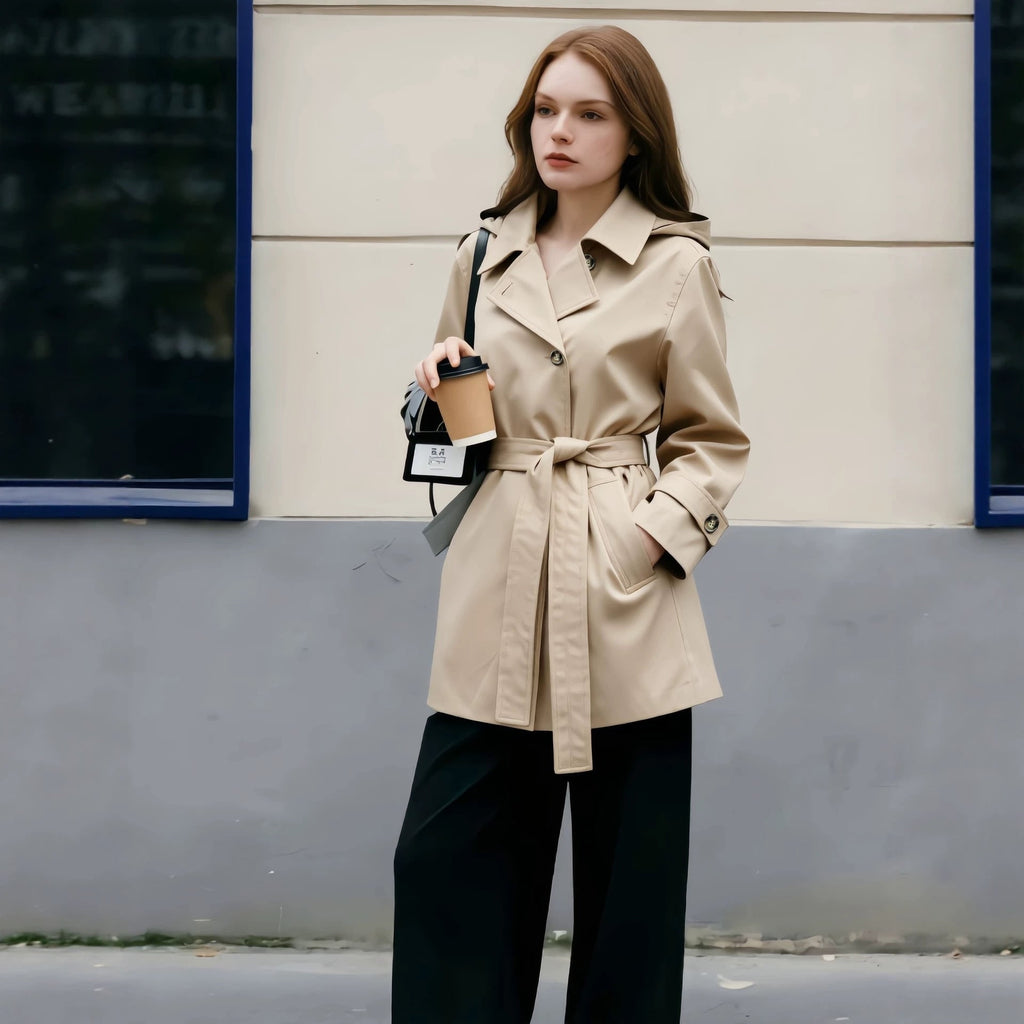 Women's Short Cropped Trench Coat with Waist Tie Belt and Notched Lapel - Image 1