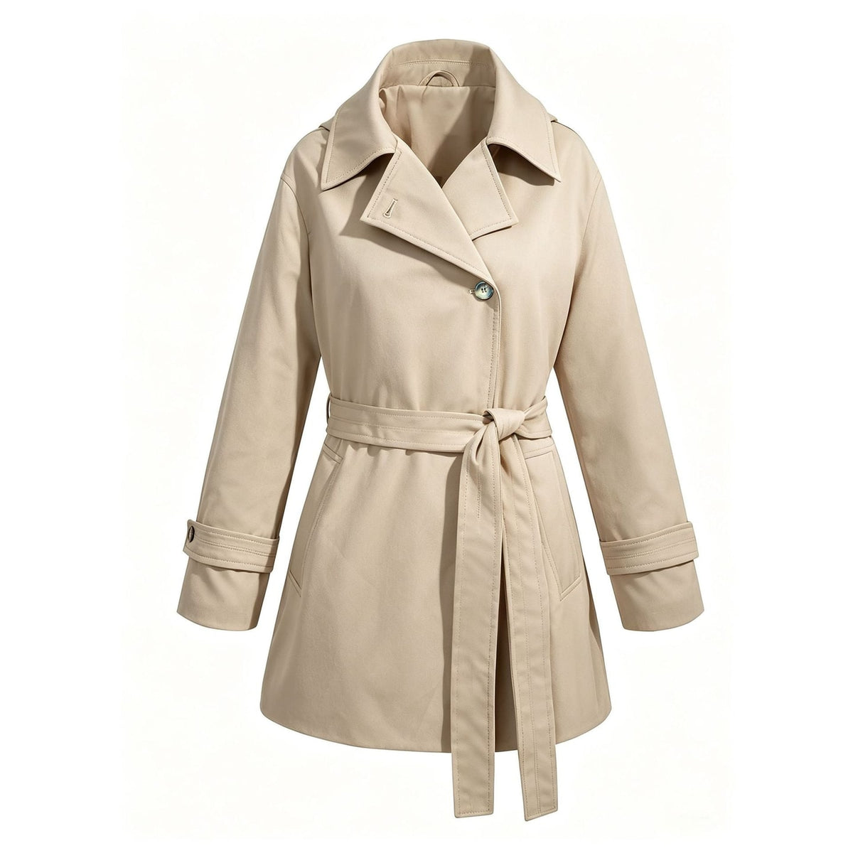 Women's Short Cropped Trench Coat with Waist Tie Belt and Notched Lapel - Image 6