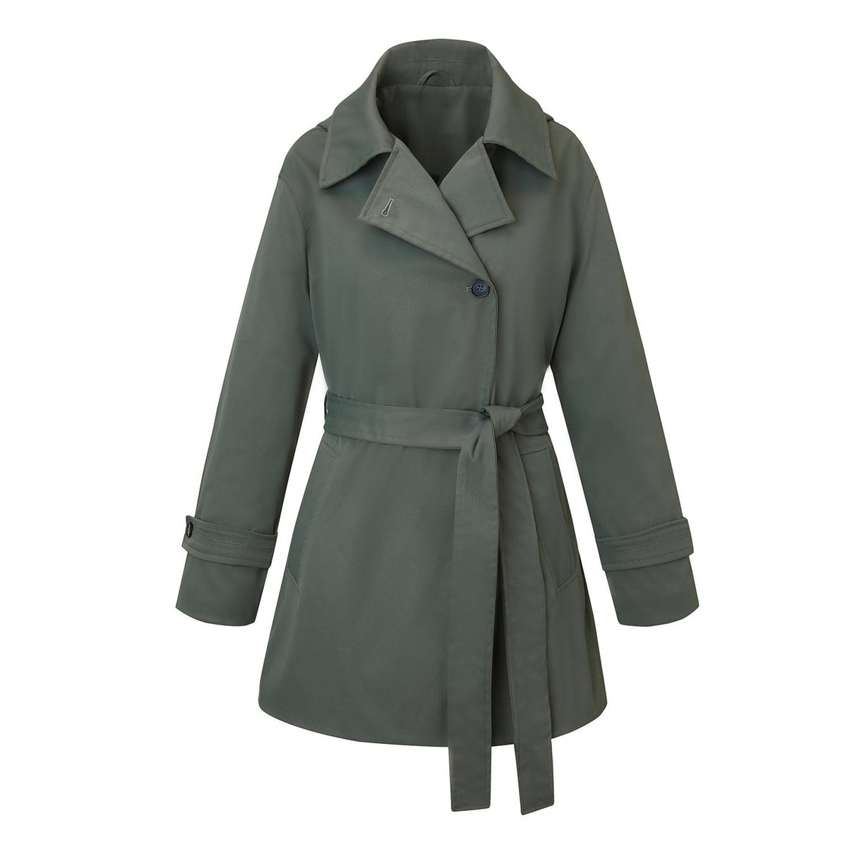 Women's Short Cropped Trench Coat with Waist Tie Belt and Notched Lapel - Image 7