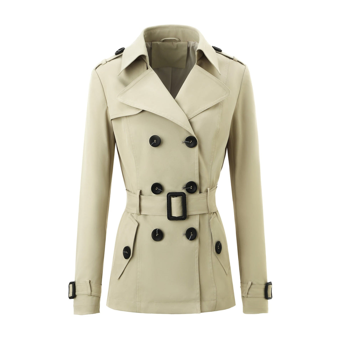 Women's Short Double Breasted Trench Coat with Belt and Notched Lapel - Image 1