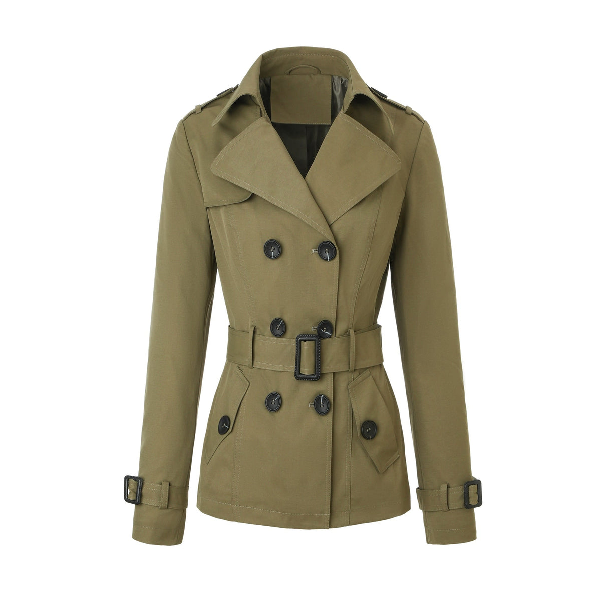 Women's Short Double Breasted Trench Coat with Belt and Notched Lapel - Image 3