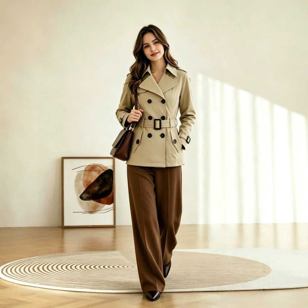 Women's Short Double Breasted Trench Coat with Belt and Notched Lapel - Image 4