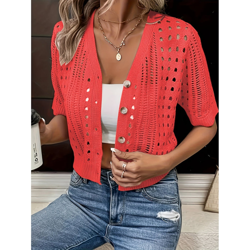 Women's Short Sleeve Cropped Cardigan Sweater with Pointelle Knit and Deep V-Neckline - Image 1