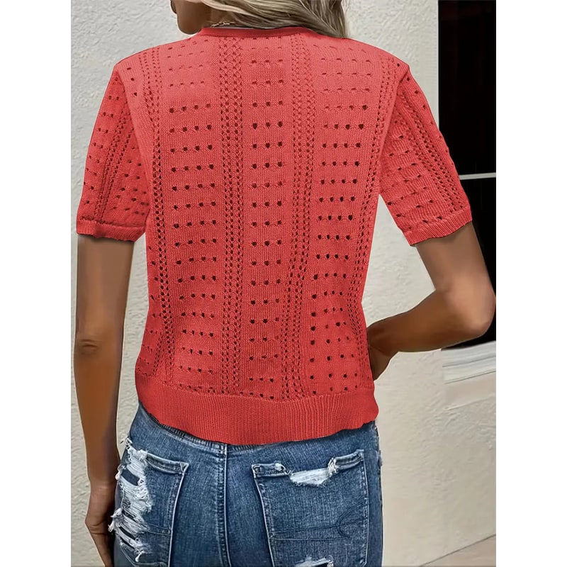 Women's Short Sleeve Cropped Cardigan Sweater with Pointelle Knit and Deep V-Neckline - Image 2