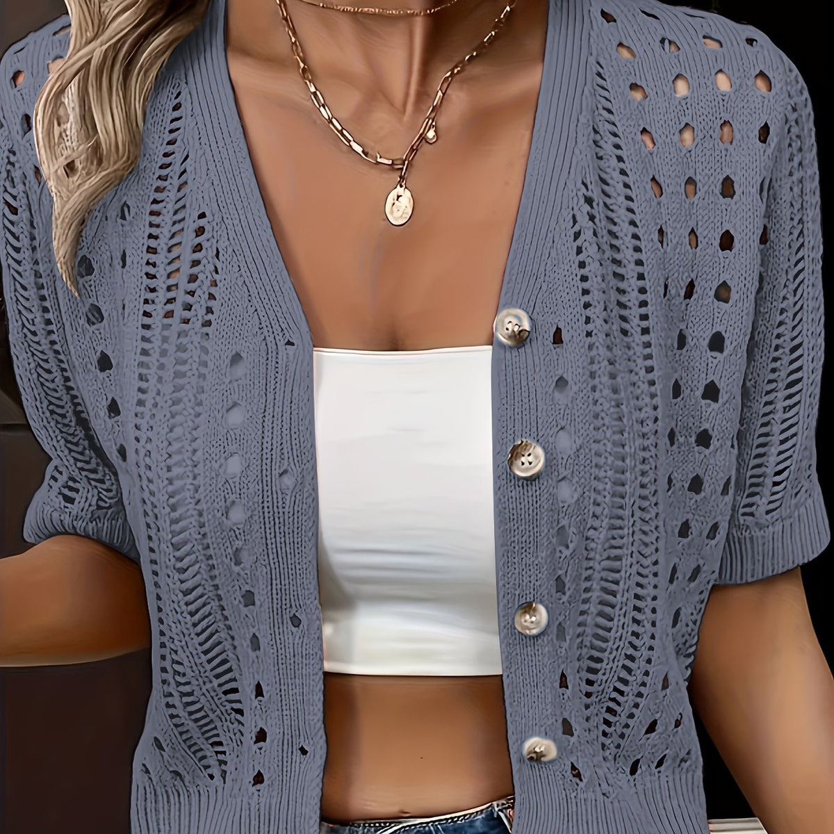 Women's Short Sleeve Cropped Cardigan Sweater with Pointelle Knit and Deep V-Neckline - Image 8