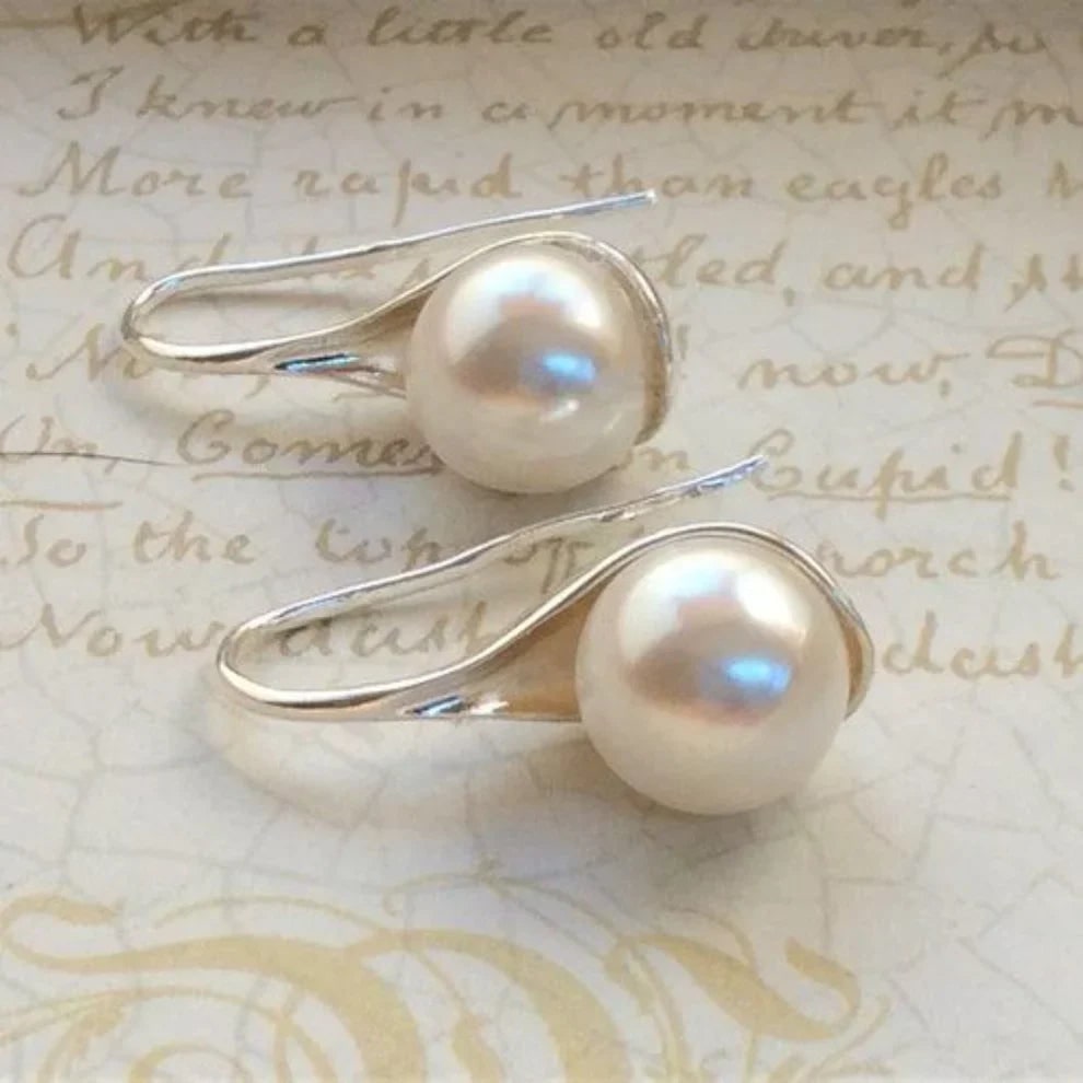 Women's Silver Pearl Drop Dangle Earrings Wire Wrapped Hook Back - Image 1