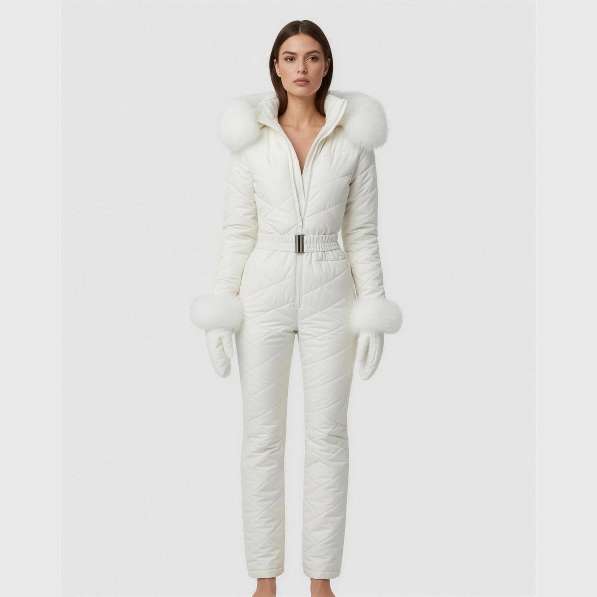 Women's Ski Suit Jumpsuit Quilted Diamond Pattern with Faux Fur Hood and Mittens - Image 1