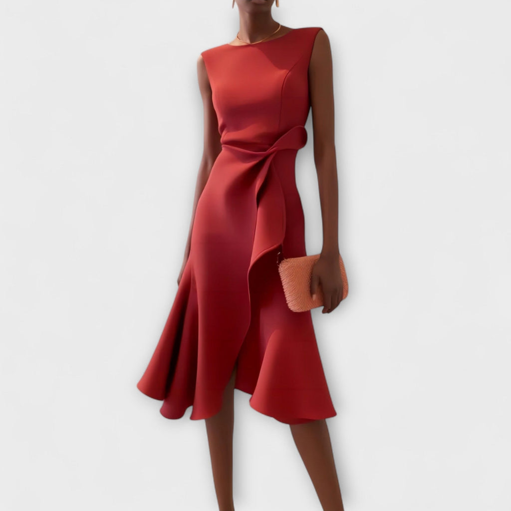 Women's Sleeveless Asymmetric Ruffle Midi Dress Formal Wedding Guest | Back Zipper - Image 1