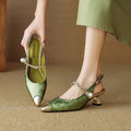 Women's Slingback Pointed Toe Kitten Heels with Pearl Strap and Gold Accents - Image 1