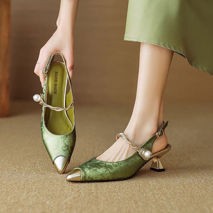 Women's Slingback Pointed Toe Kitten Heels with Pearl Strap and Gold Accents - Image 1