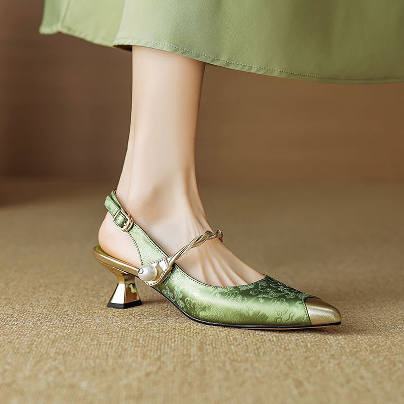 Women's Slingback Pointed Toe Kitten Heels with Pearl Strap and Gold Accents - Image 3
