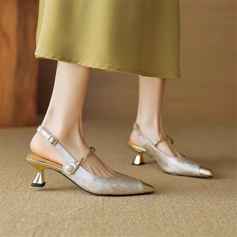 Women's Slingback Pointed Toe Kitten Heels with Pearl Strap and Gold Accents - Image 4