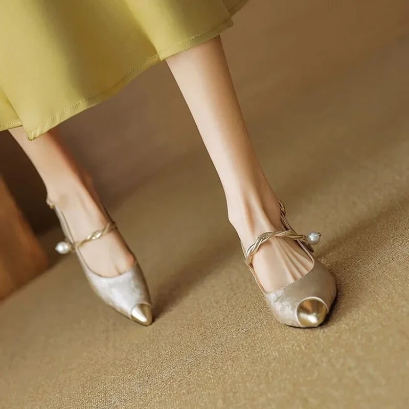 Women's Slingback Pointed Toe Kitten Heels with Pearl Strap and Gold Accents - Image 6