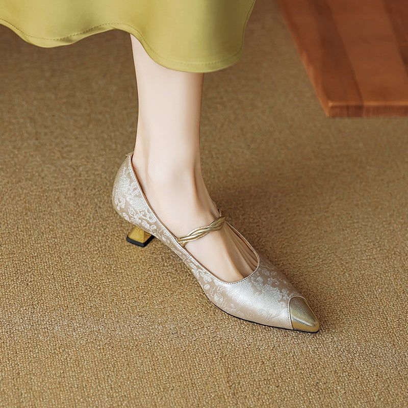 Women's Slingback Pointed Toe Kitten Heels with Pearl Strap and Gold Accents - Image 7