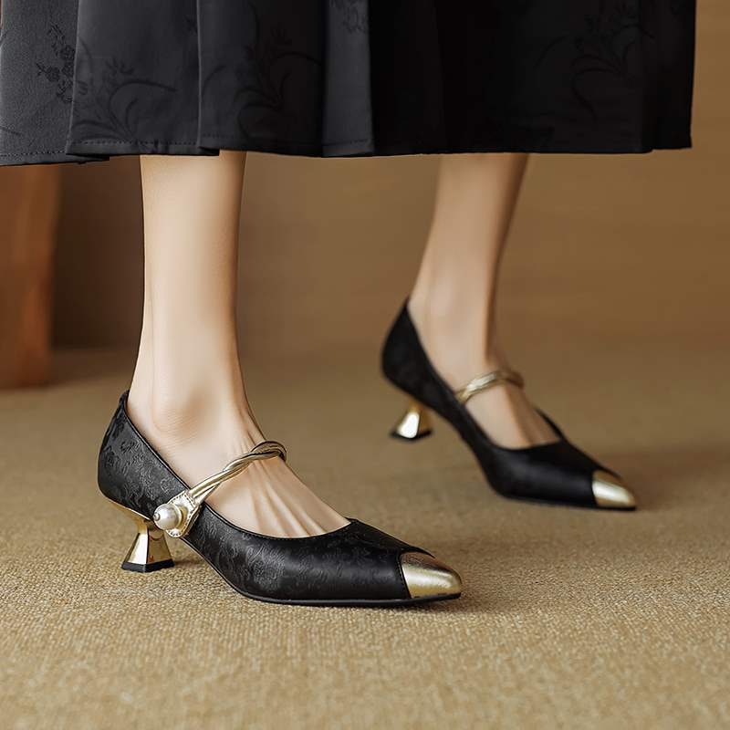 Women's Slingback Pointed Toe Kitten Heels with Pearl Strap and Gold Accents - Image 9