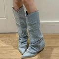 Women's Slouchy Knee High Boots in Light Wash Denim with Pointed Toe and Western Style - Image 1