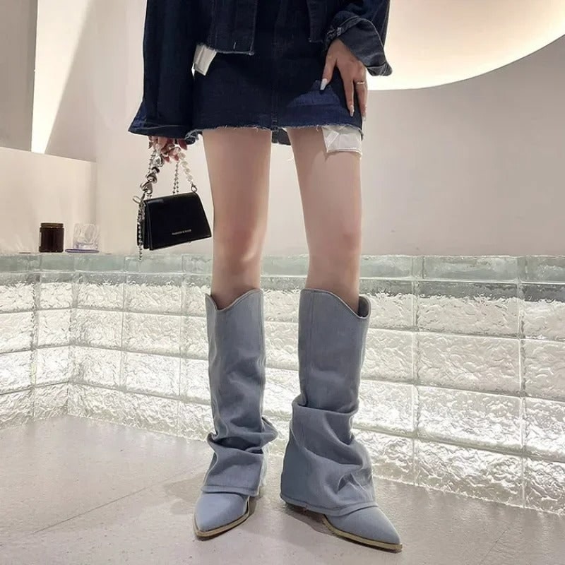Women's Slouchy Knee High Boots in Light Wash Denim with Pointed Toe and Western Style - Image 2