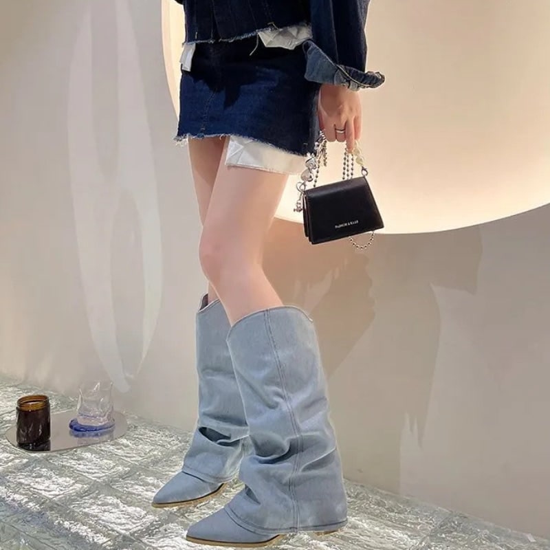 Women's Slouchy Knee High Boots in Light Wash Denim with Pointed Toe and Western Style - Image 3