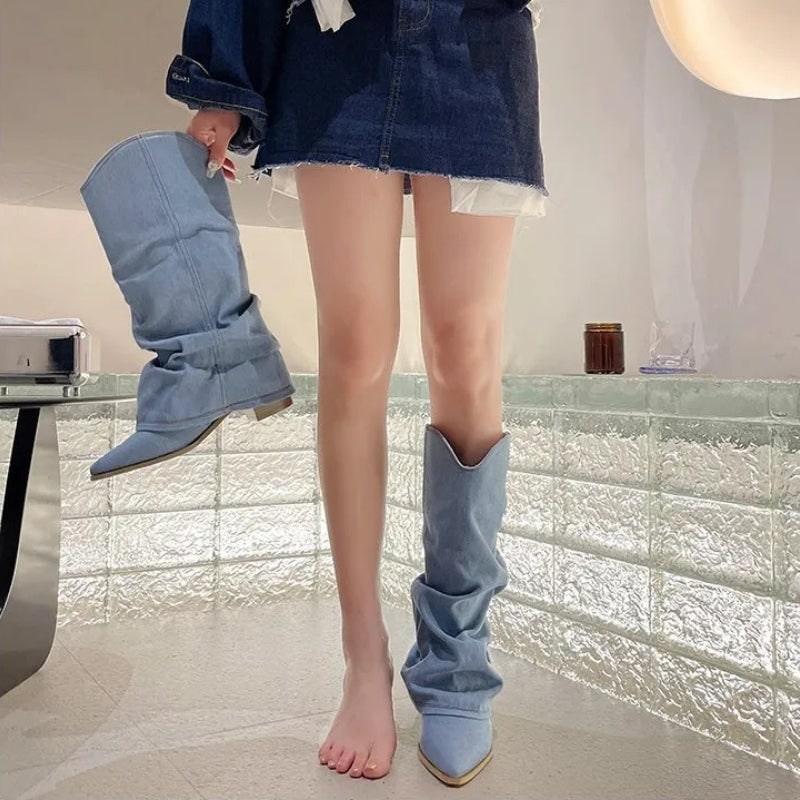 Women's Slouchy Knee High Boots in Light Wash Denim with Pointed Toe and Western Style - Image 4