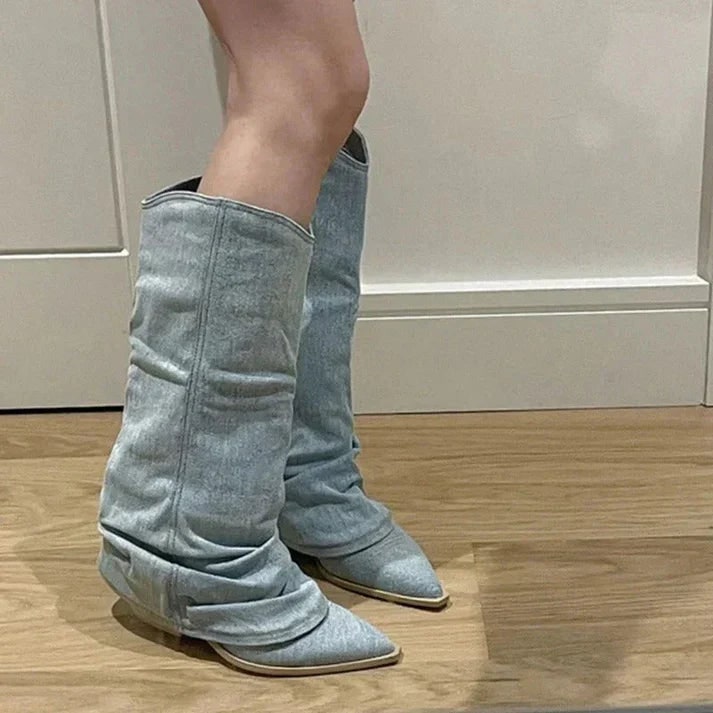 Women's Slouchy Knee High Boots in Light Wash Denim with Pointed Toe and Western Style - Image 5
