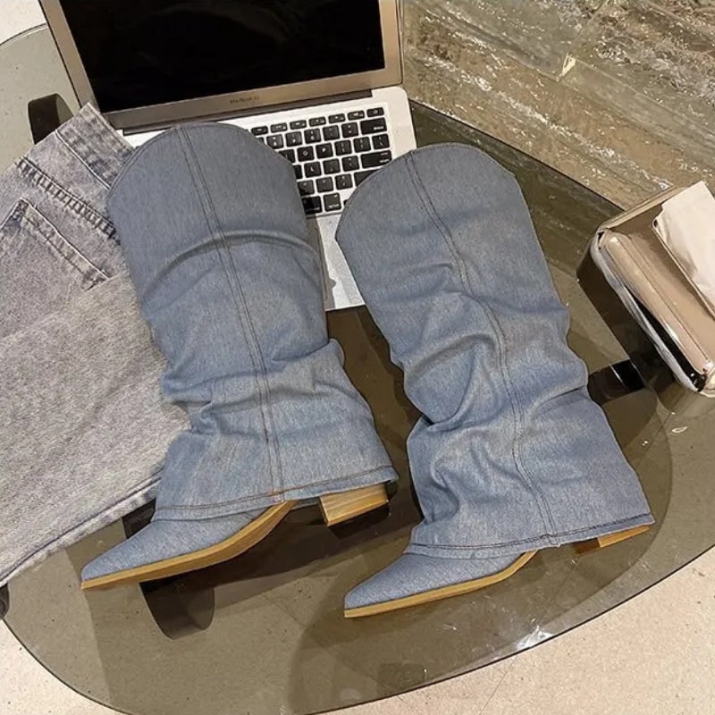 Women's Slouchy Knee High Boots in Light Wash Denim with Pointed Toe and Western Style - Image 6