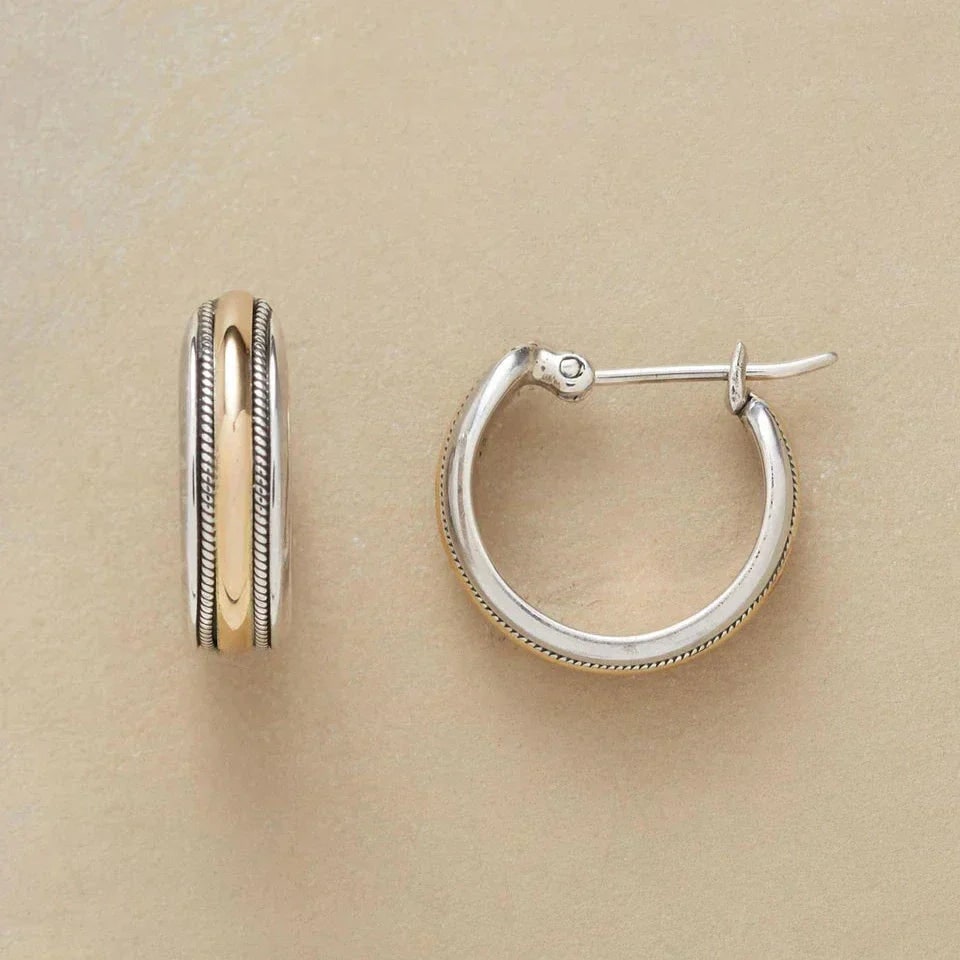 Women's Small Huggie Hoop Earrings Two-Tone Twisted Rope Hinged Post - Image 1