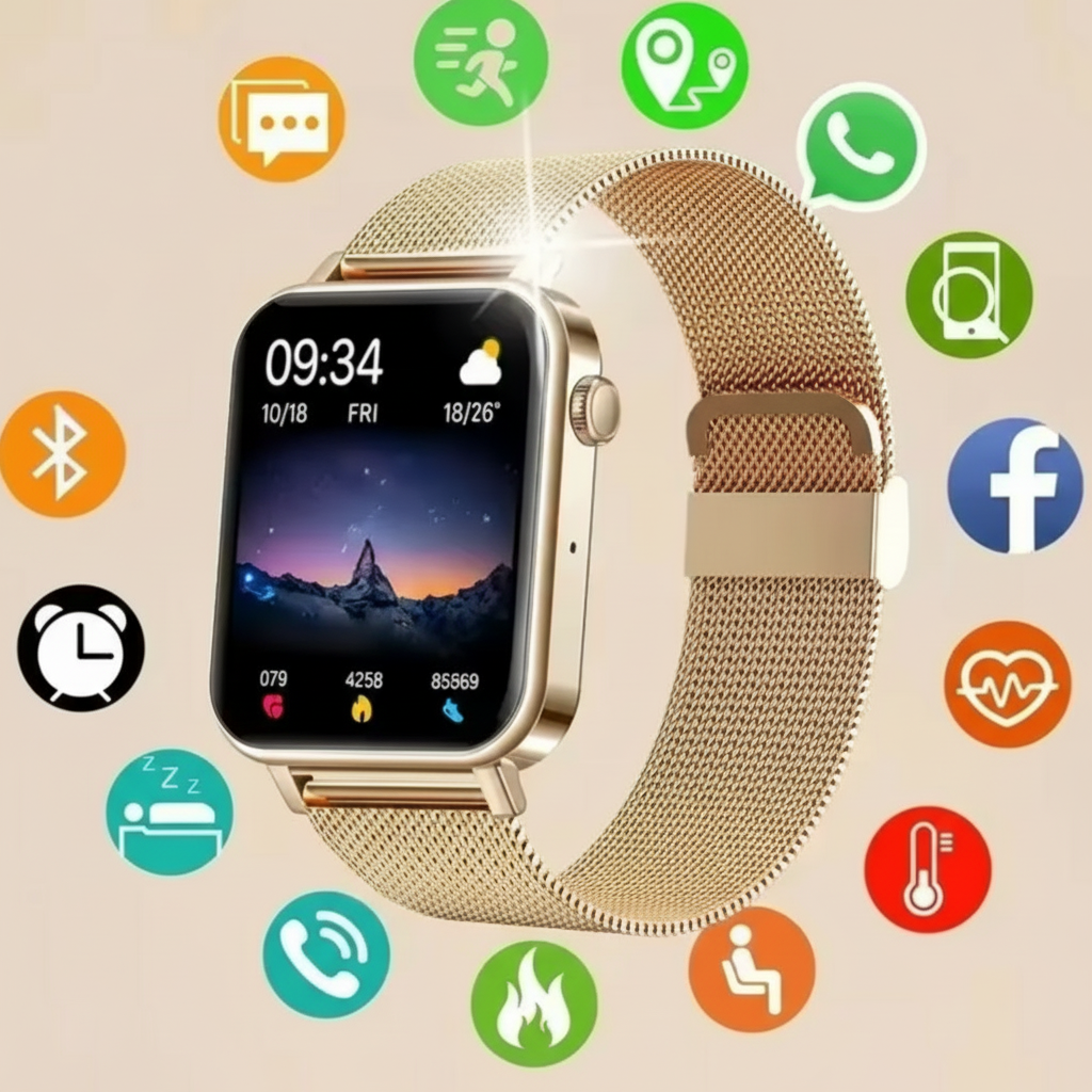 Women's Smartwatch with Rectangular Display Metal Mesh Strap and Health Tracking - Image 9