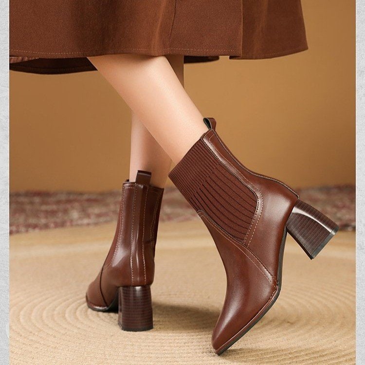 Women's Square Toe Sock Ankle Boots with Block Heel and Knit Collar Slip-On - Image 1