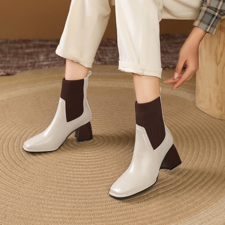 Women's Square Toe Sock Ankle Boots with Block Heel and Knit Collar Slip-On - Image 3