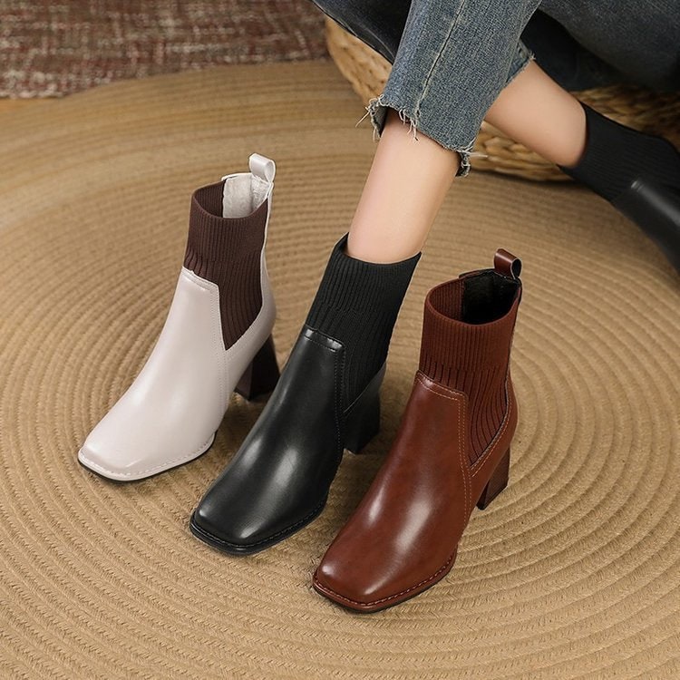 Women's Square Toe Sock Ankle Boots with Block Heel and Knit Collar Slip-On - Image 4