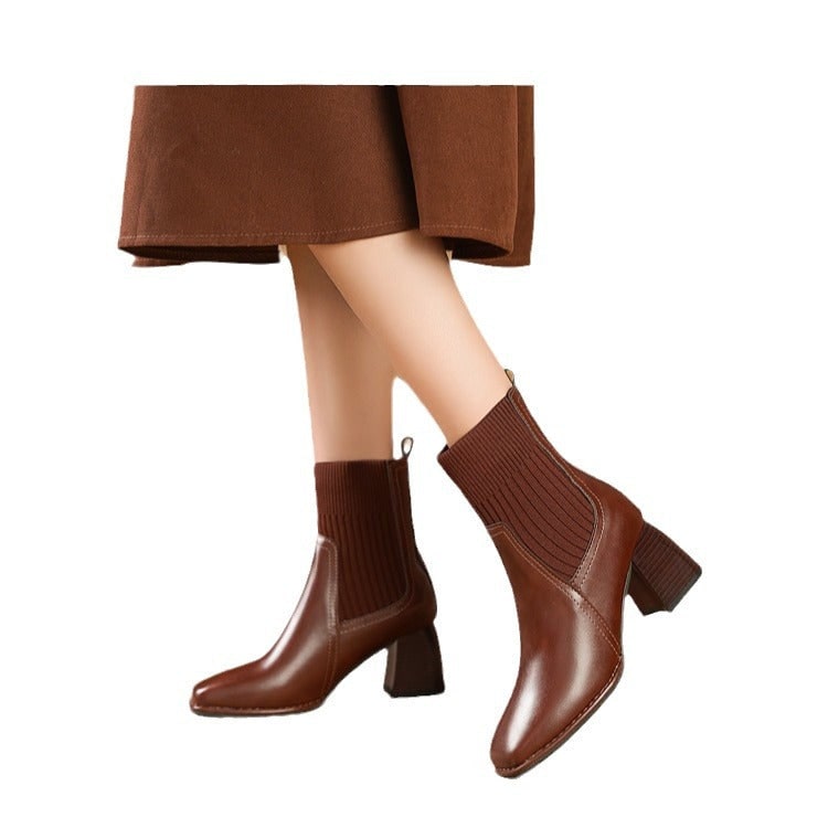 Women's Square Toe Sock Ankle Boots with Block Heel and Knit Collar Slip-On - Image 5