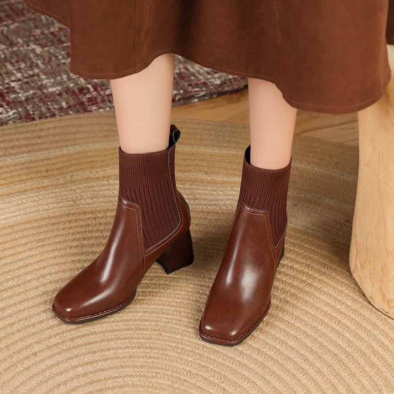Women's Square Toe Sock Ankle Boots with Block Heel and Knit Collar Slip-On - Image 6