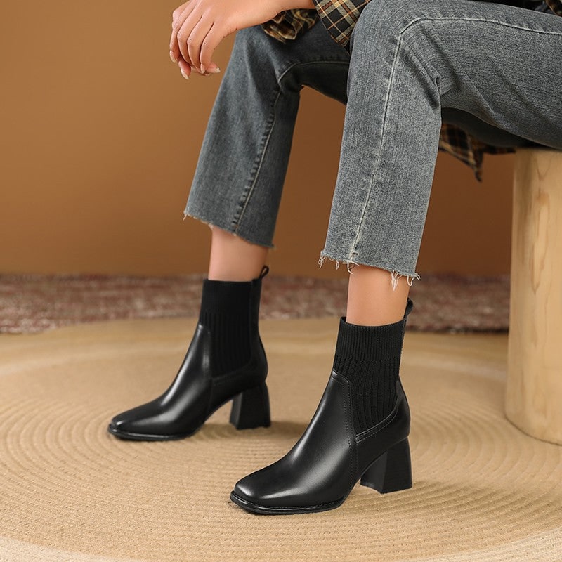 Women's Square Toe Sock Ankle Boots with Block Heel and Knit Collar Slip-On - Image 7