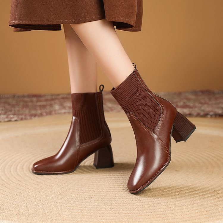 Women's Square Toe Sock Ankle Boots with Block Heel and Knit Collar Slip-On - Image 8