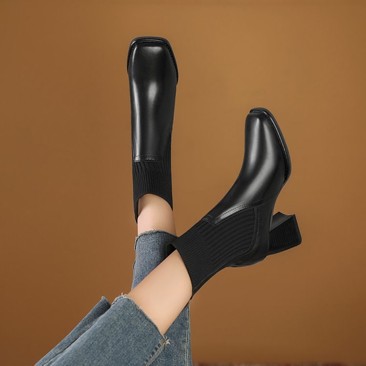 Women's Square Toe Sock Ankle Boots with Block Heel and Knit Collar Slip-On - Image 9