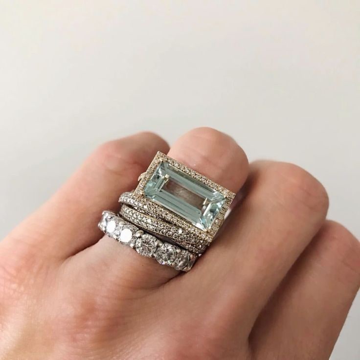 Women's Stackable Ring Set Silver Halo Emerald Cut Three - Image 1